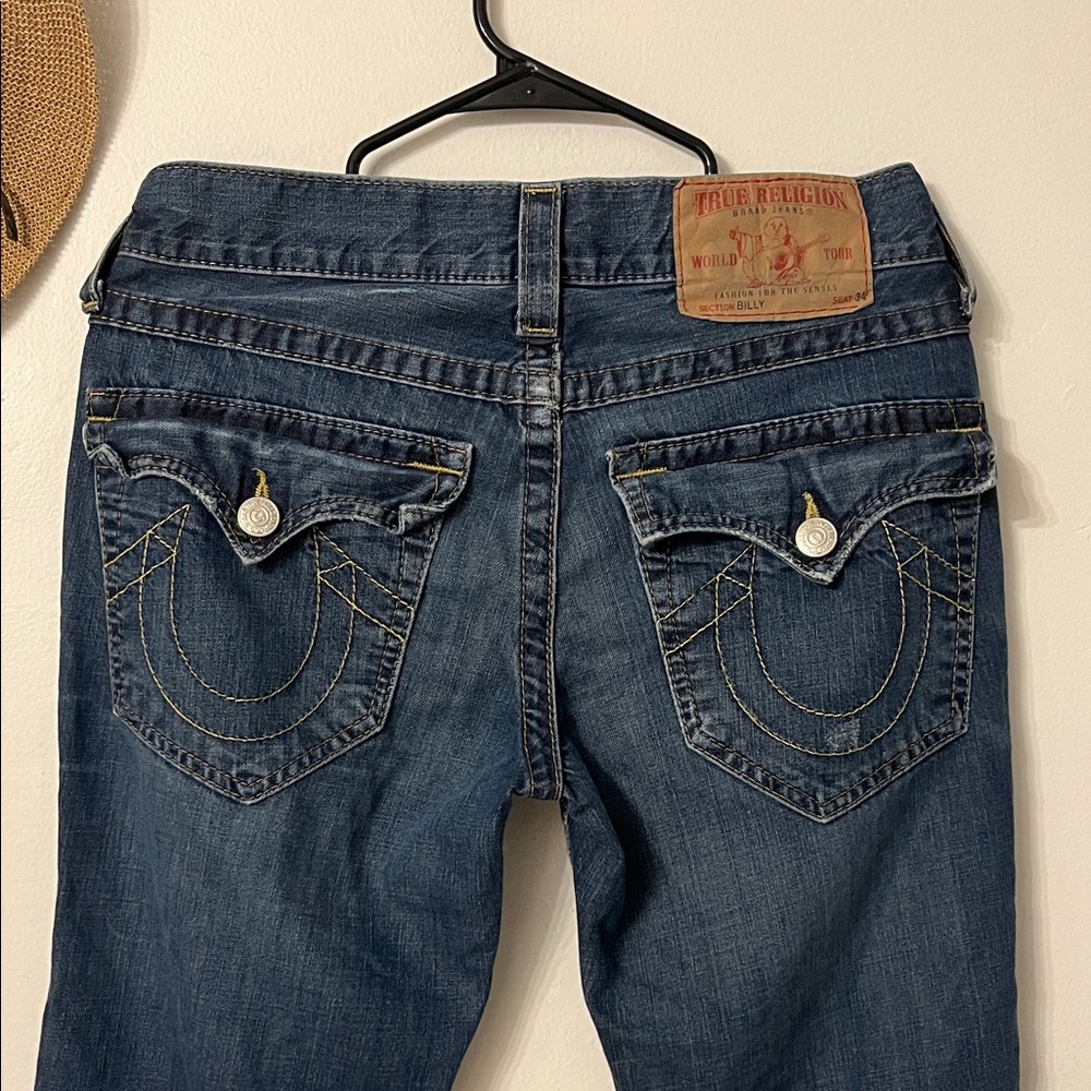 True Religion Women's Dark Blue Boot Cut Jeans with Signature Pocket Flaps